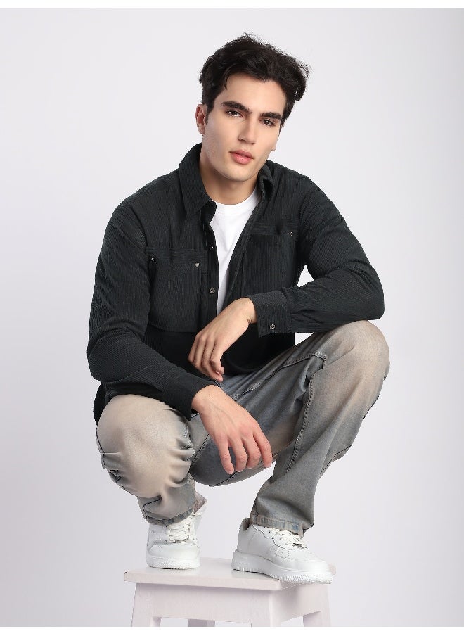 Beyoung Dark Grey Corduroy Dual Pocket Shirt  - Image 1