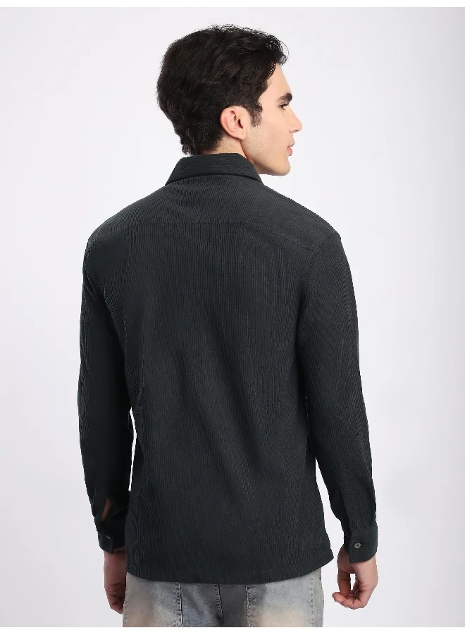 Beyoung Dark Grey Corduroy Dual Pocket Shirt