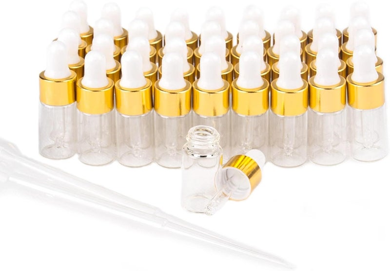 Sample Dropper Bottles, Mini Dropper Bottles with 2 Pcs Plastic Droppers for Traveling Essential Oils DIY Cosmetic Liquid Sample Perfume (Gold, 2ML)