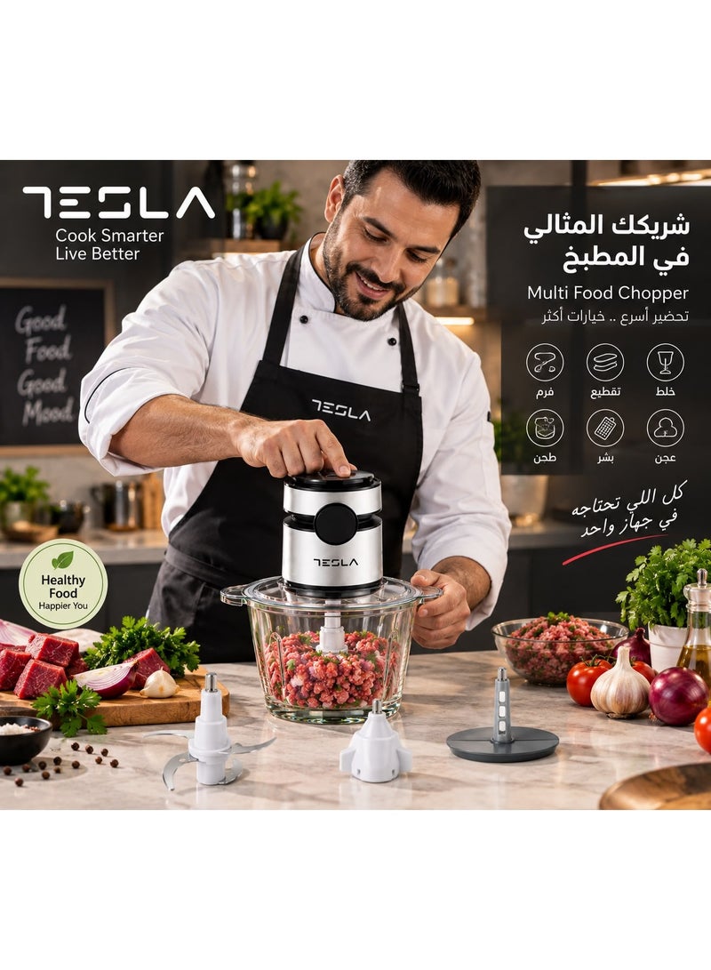 تسلا كبة تسلا كهربائية 500 وات، وعاء زجاجي 3 لتر،  شفرات ستانلس ستيل، مفرمة متعددة الاستخدامات للحوم والدواجن والأسماك والخضروات - Image 4