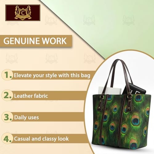 CLASSIC SMUGGLER Women’s Stylish Casual Handbag with Peacock Print | Premium Fabric Shoulder Bag with Chain | Large Capacity Tote Bag for Office, College, Shopping & Daily Use Green - Image 4