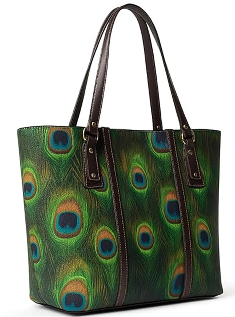 CLASSIC SMUGGLER Women’s Stylish Casual Handbag with Peacock Print | Premium Fabric Shoulder Bag with Chain | Large Capacity Tote Bag for Office, College, Shopping & Daily Use Green - Image 1