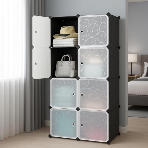 EXVITO 12 Door Kids Plastic Wardrobe for Clothes, Foldable Plastic Almirah for Clothes, Collapsible Wardrobe for Storage, Baby Cupboard for Clothes Storage - (Black, 8 Door) - Image 1