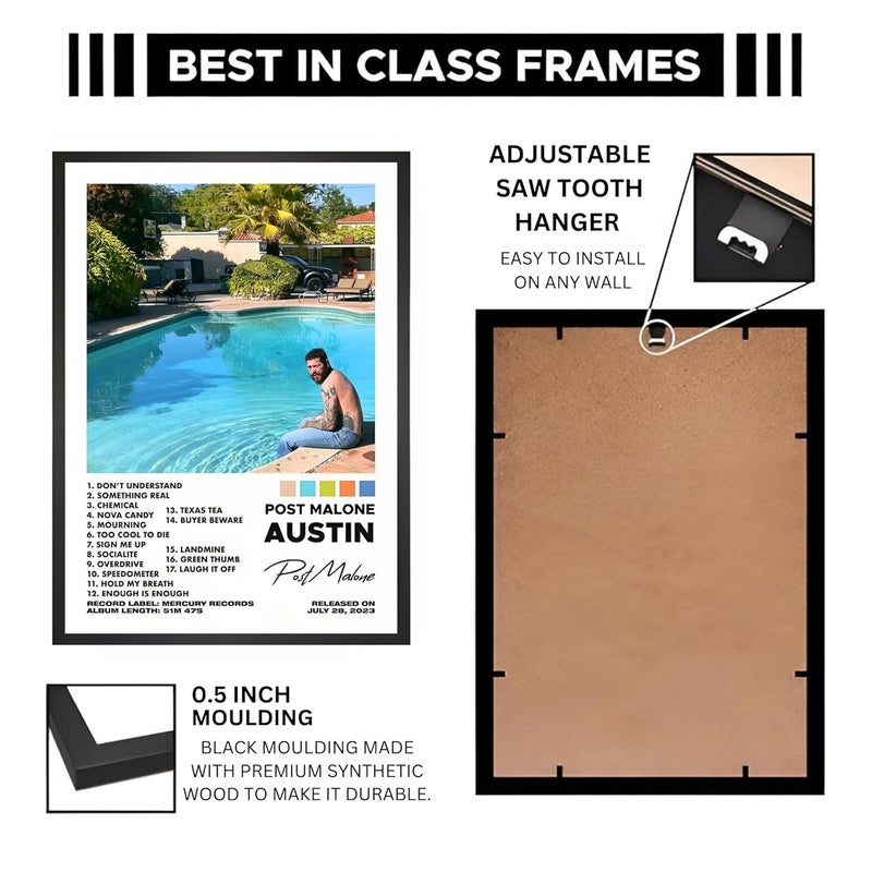 Vyopix Post Malone - Austin Music Album Cover, Wall Decoration Art Framed Poster, Matte & Glossy Laminated Poster with 0.5 Inch Black Wooden Frame (MATTE, 12X18 Inches) - Image 4