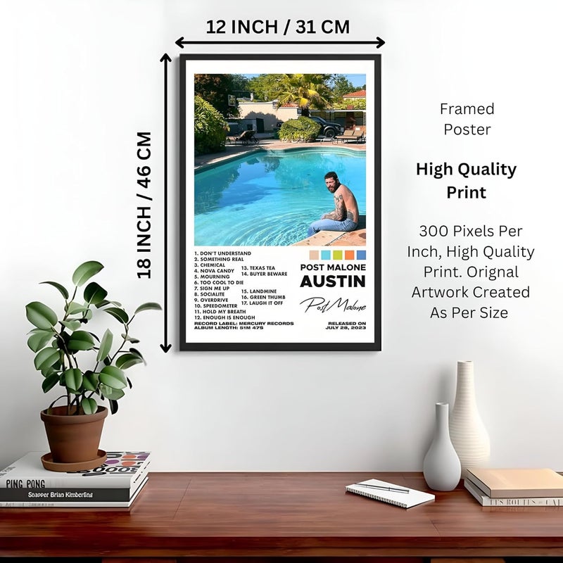 Vyopix Post Malone - Austin Music Album Cover, Wall Decoration Art Framed Poster, Matte & Glossy Laminated Poster with 0.5 Inch Black Wooden Frame (MATTE, 12X18 Inches) - Image 3