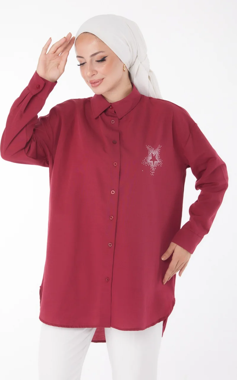 Tofisa Plain Shirt Collar Women's Claret Red Shirt - 13238
