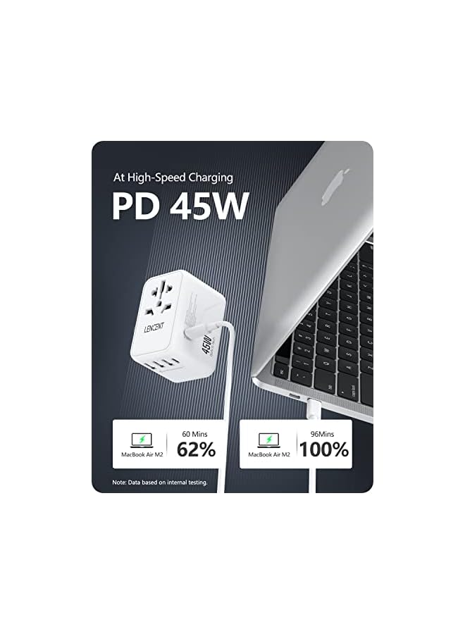 Lencent محول سفر عالمي، شاحن دولي GaN III بقوة 45 وات مع 3 منافذ USB و2 منفذ شحن سريع من النوع C PD، محول قابس عالمي لهاتف iPhone وSamsung وأجهزة الكمبيوتر المحمولة، نوع A/C/G/I (الولايات المتحدة الأمريكية/المملكة المتحدة/الاتحاد الأوروبي/أستراليا)، أبيض - Image 3