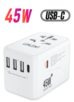 Lencent Universal Travel Adapter, GaN III 45W International Charger with 3 USB Ports & 2 Type-C PD Fast Charging, Worldwide Plug Adaptor for iPhone,Samsung,Laptops, Type A/C/G/I (USA/UK/EU/AUS), White  - Image 1