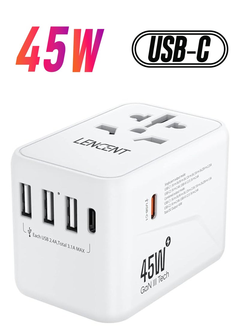 Lencent محول سفر عالمي، شاحن دولي GaN III بقوة 45 وات مع 3 منافذ USB و2 منفذ شحن سريع من النوع C PD، محول قابس عالمي لهاتف iPhone وSamsung وأجهزة الكمبيوتر المحمولة، نوع A/C/G/I (الولايات المتحدة الأمريكية/المملكة المتحدة/الاتحاد الأوروبي/أستراليا)، أبيض - Image 1