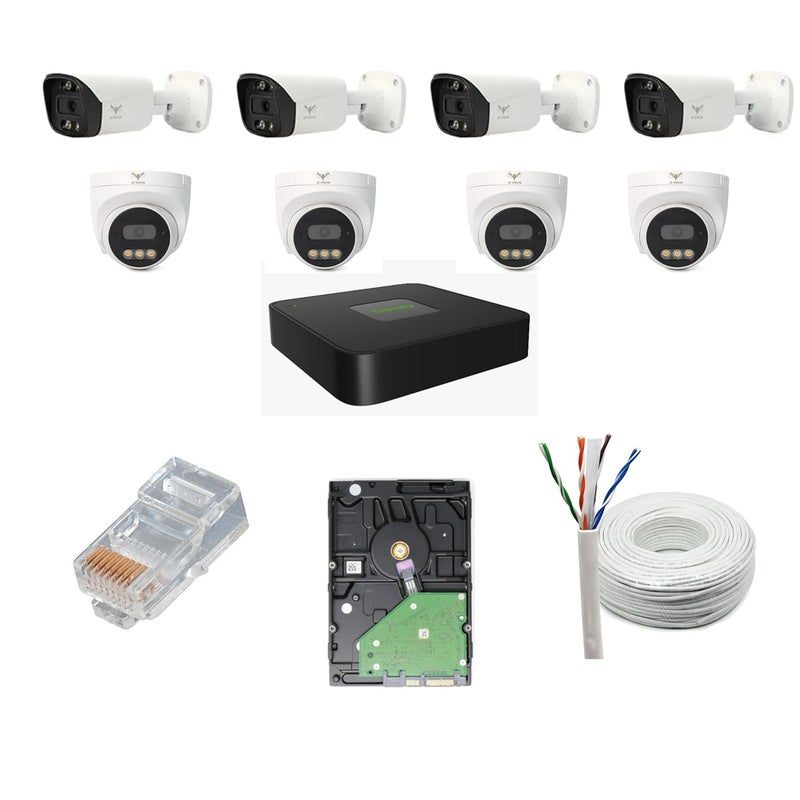 JK Vision كاميرا CCTV IP من JK Vision بدقة 5 ميجابكسل مجموعة كاملة 4 كاميرات رصاصية 4 كاميرات قبة 8 قنوات NVR مع POE مدمج قرص صلب سعة 2 تيرابايت كابل Cat6 بطول 100 متر 16 موصل RJ45 - Image 1