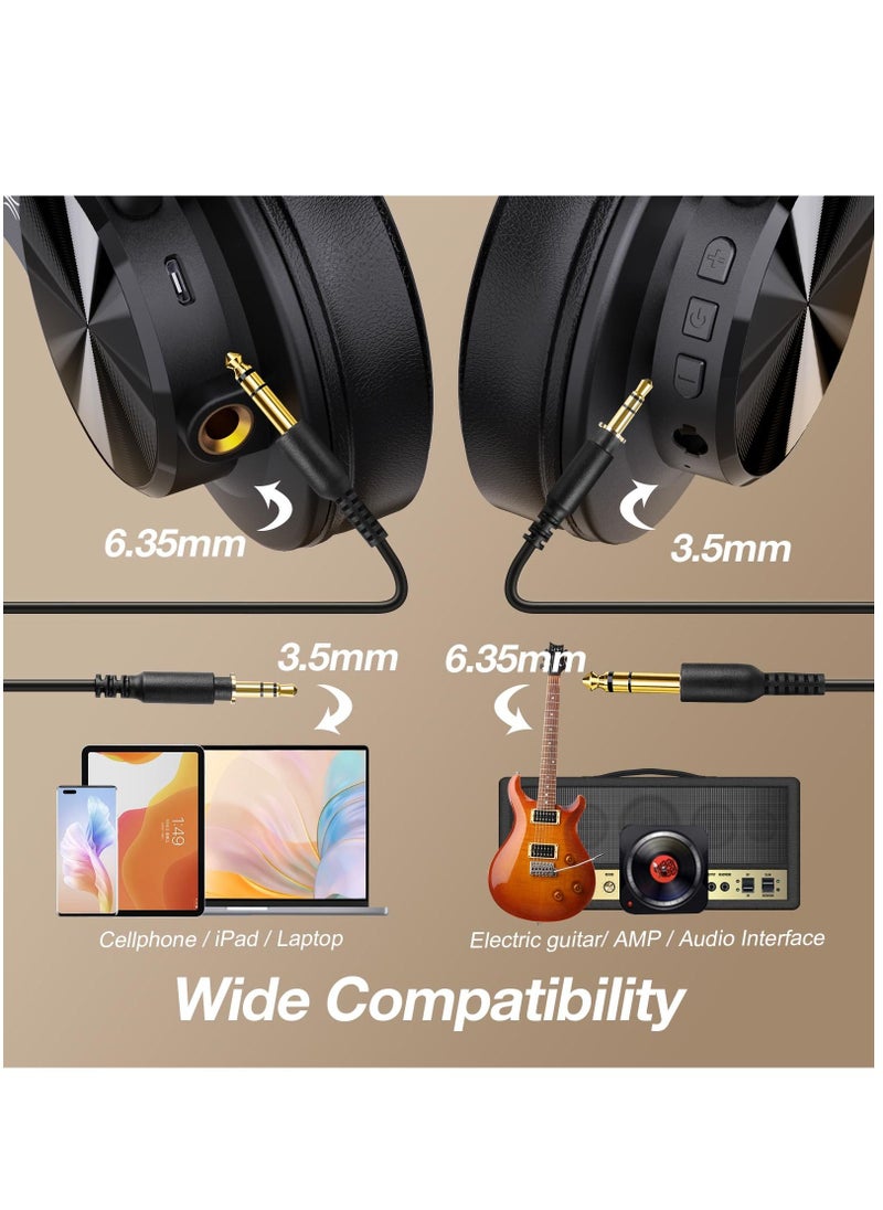 OneOdio A70 Bluetooth Over Ear Headphones, Wireless Headphones w/ 72H Playtime, Hi-Res, 3.5mm/6.35mm Wired Audio Jack for Studio Monitor & Mixing DJ Guitar AMP, Computer Laptop PC Tablet - Black Gold  - Image 3