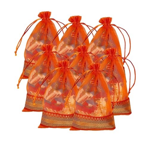 Kriwin Silk Potli Bags with Drawstring, 18 x 12 cm, Pack of 10, for Gifting and Storage (Orange) - Image 1