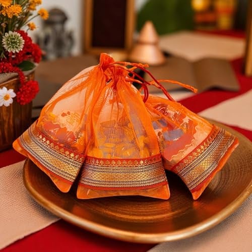 Kriwin Silk Potli Bags with Drawstring, 18 x 12 cm, Pack of 10, for Gifting and Storage (Orange) - Image 2
