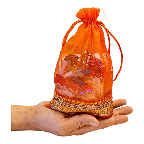 Kriwin Silk Potli Bags with Drawstring, 18 x 12 cm, Pack of 10, for Gifting and Storage (Orange) - Image 3