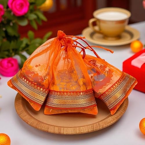 Kriwin Silk Potli Bags with Drawstring, 18 x 12 cm, Pack of 10, for Gifting and Storage (Orange) - Image 5