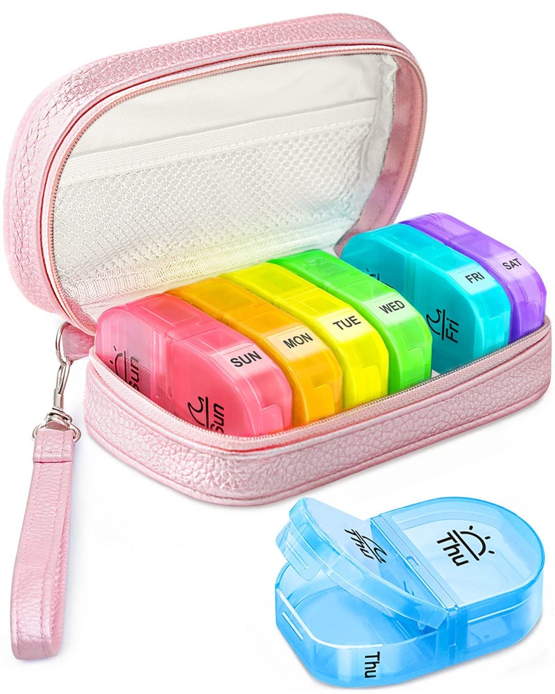 AMOOS Cute Pill Organizer 2 Times a Day, PU Leather Pill Case for Women, Portable Weekly Pill Box for Purse with Storage Bag to Hold Vitamins, Medications, Fish Oils, Supplements (Pink) - Image 1