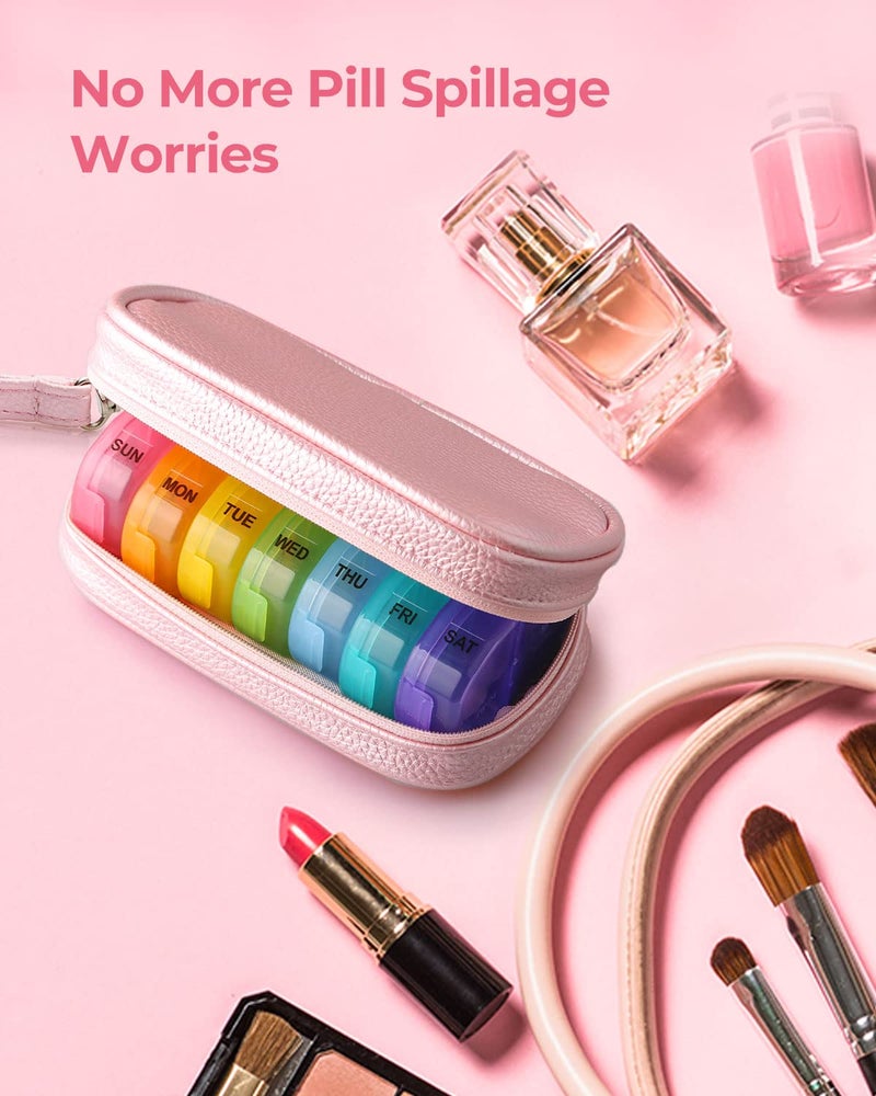 AMOOS Cute Pill Organizer 2 Times a Day, PU Leather Pill Case for Women, Portable Weekly Pill Box for Purse with Storage Bag to Hold Vitamins, Medications, Fish Oils, Supplements (Pink) - Image 2