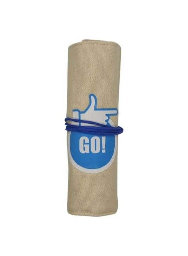 مقلمة قابلة للطي حافظة اقلام رول ،حقيبة اقلام بقماش متين عالي الجوده ورباط قوي,مطبوع, بها 3اماكن للاقلام وجيب اخر كبير(شكل اذهب، لون بيچ في ازرق) - Image 1