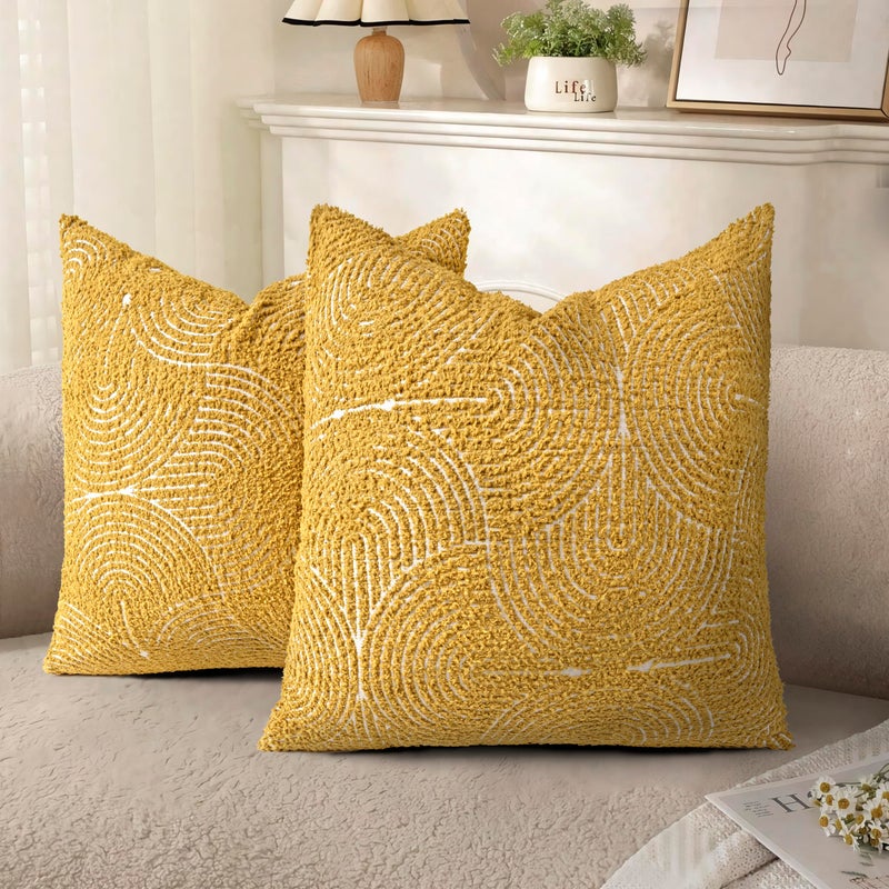 AELS Boho Decorative Textured Throw Pillow Covers 18x18, Organic Modern Mid Century Rainbow Tufted Pillow Case, Farmhouse Rustic Geometric Woven Cushion Case for Bed Couch Sofa, Mustard Yellow - Image 1