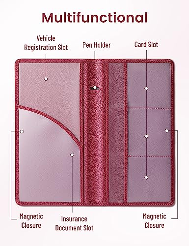 Yarnic Car Registration and Insurance Holder, Pu Leather Car Document Holder Registration and Insurance Card Holder Vehicle Glove Box Car Organizer with Magnetic Closure for Women Men (Wine Red) - Image 4