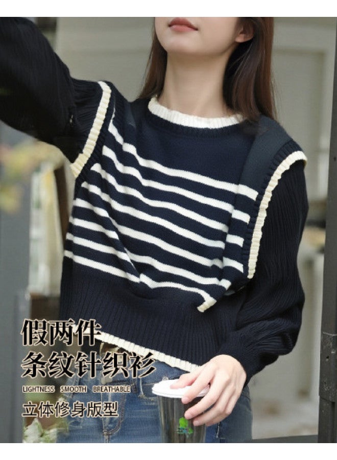 Modal Autumn And Winter Stylish Simple Striped Patchwork Bubble Sleeve Design Knitted Sweater Youthful Top For Women - Image 1