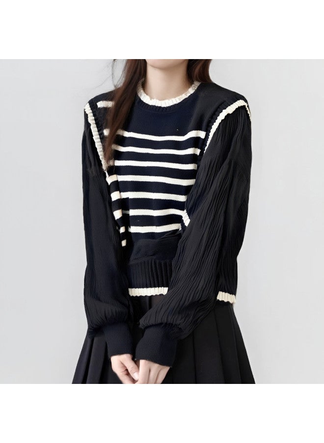 Modal Autumn And Winter Stylish Simple Striped Patchwork Bubble Sleeve Design Knitted Sweater Youthful Top For Women - Image 4