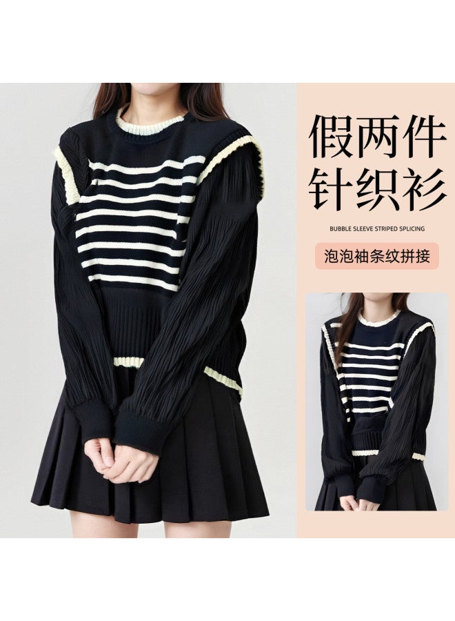 Modal Autumn And Winter Stylish Simple Striped Patchwork Bubble Sleeve Design Knitted Sweater Youthful Top For Women - Image 2