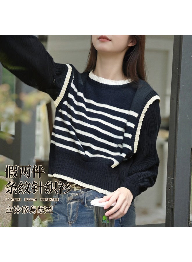 Modal Autumn And Winter Stylish Simple Striped Patchwork Bubble Sleeve Design Knitted Sweater Youthful Top For Women - Image 3