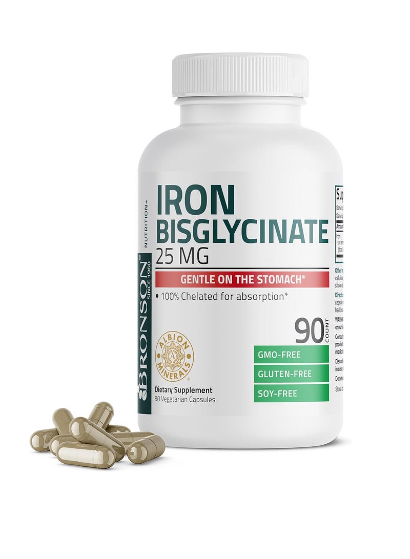 Bronson Iron Bisglycinate 25 mg Gentle on The Stomach, Supports Energy  Healthy Red Blood Cell Production - Non-Constipating Formula - Non GMO, 90 Vegetarian Capsules - Image 1
