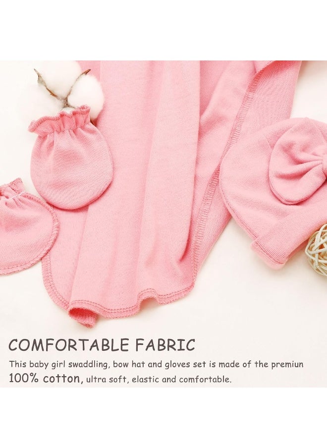 DRESHOW DRESHOW BQUBO Newborn Receiving Blanket Bow Hat Gloves Set Cotton Warm Baby Swaddle Blanket Wrap Baby Sleep Sack Shower Gift  - Image 4