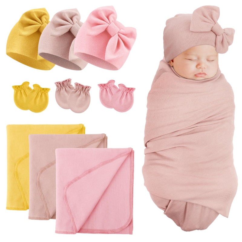 DRESHOW BQUBO Newborn Receiving Blanket Bow Hat Gloves Set Cotton Warm Baby Swaddle Blanket Wrap Baby Sleep Sack Shower Gift - Image 1