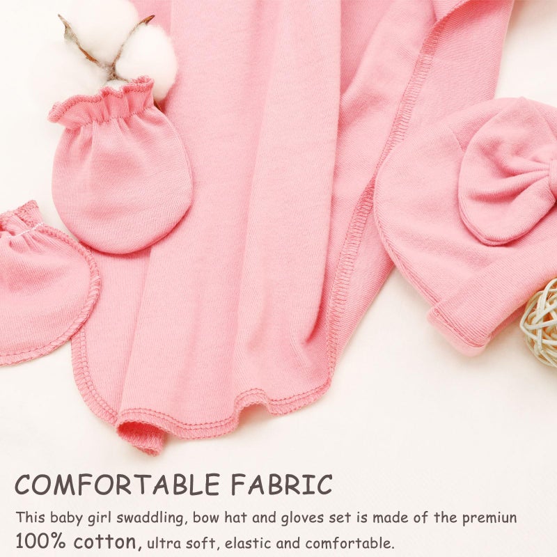 DRESHOW BQUBO Newborn Receiving Blanket Bow Hat Gloves Set Cotton Warm Baby Swaddle Blanket Wrap Baby Sleep Sack Shower Gift - Image 4