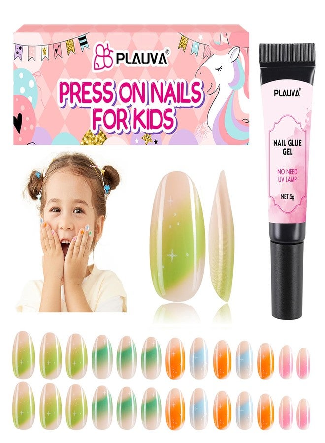 Plauva 26 Pieces Press on Nails for Kids, Children Colorful Fake Nail for Kids Teenager Girls 8-12 Years Press on Nails with Nail Glue - Image 1