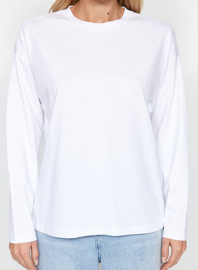 White 100% Cotton Basic Crew Neck Long Sleeve Regular Fit Knitted T-Shirt TWOAW24TS00013