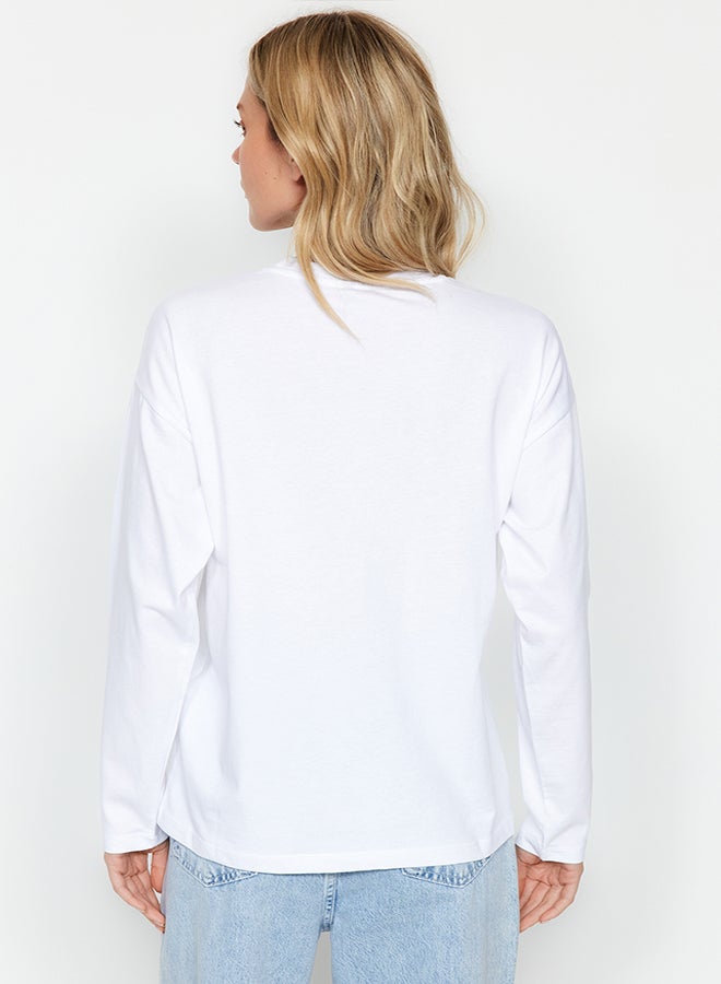 White 100% Cotton Basic Crew Neck Long Sleeve Regular Fit Knitted T-Shirt TWOAW24TS00013