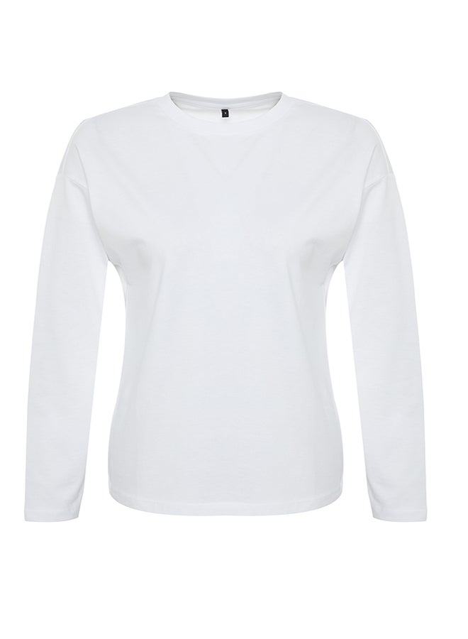 White 100% Cotton Basic Crew Neck Long Sleeve Regular Fit Knitted T-Shirt TWOAW24TS00013