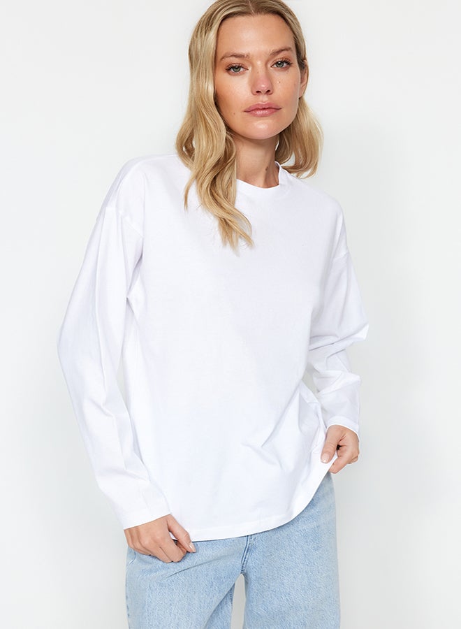 White 100% Cotton Basic Crew Neck Long Sleeve Regular Fit Knitted T-Shirt TWOAW24TS00013