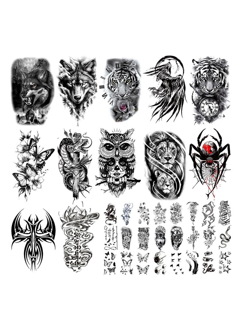 سنسيب الوشم المؤقت Synsyb ، مجموعة كبيرة من تصميمات الحيوانات والزهور المقاومة للماء ، نقل الفن الأسود والملون للرجال والنساء - Image 1