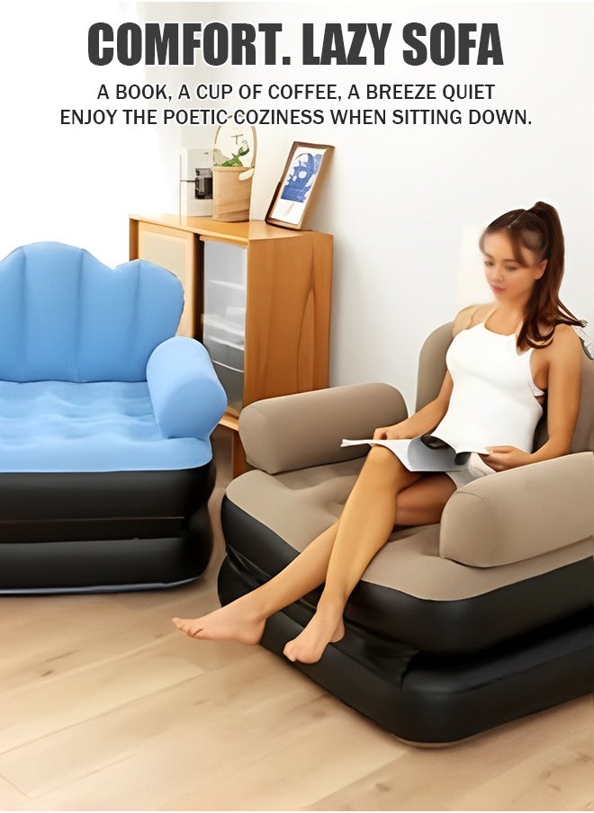 5 in 1  Foldable Portable Extra Large Inflatable Sofa, Lazy Sofa, Inflatable Bed, Air Bed, Lazy Flocking Lounge Chair, Multifunctional Couch with L-shaped Armrest for Indoor, Outdoor with Air Pump