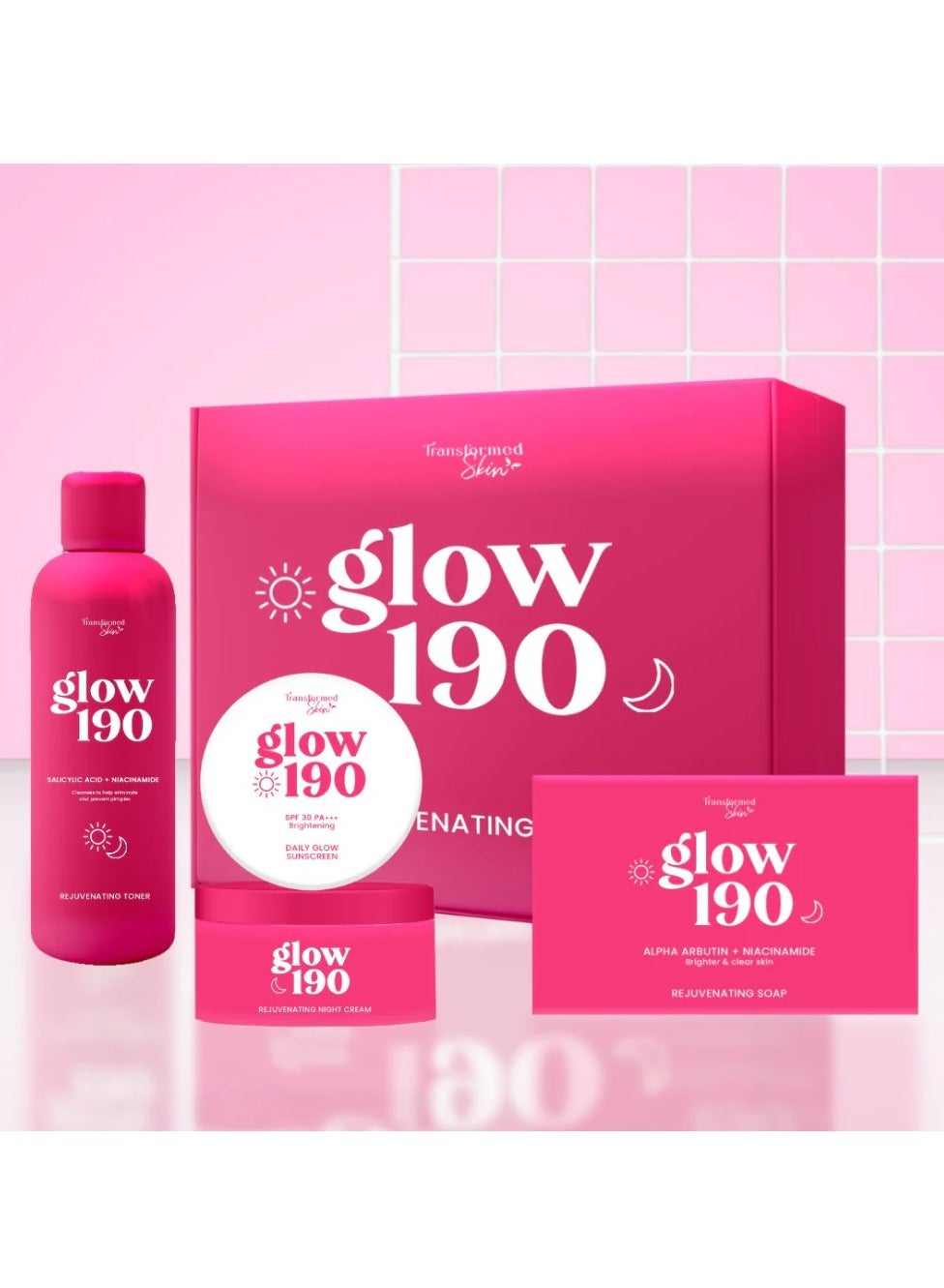 Glow 190 Rejuvenating Set | Alpha Arbutin & Niacinamide | Brightening & Clear Skin | Complete Skincare Kit (Toner 60ml, Sunscreen 10g, Night Cream 10g, Soap 70g)
