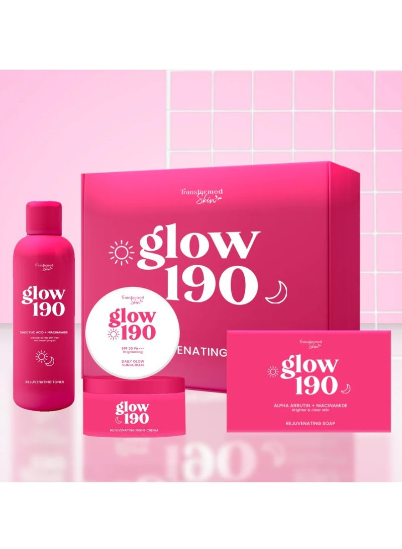 Transformed Skin Glow 190 Rejuvenating Set | Alpha Arbutin & Niacinamide | Brightening & Clear Skin | Complete Skincare Kit (Toner 60ml, Sunscreen 10g, Night Cream 10g, Soap 70g)