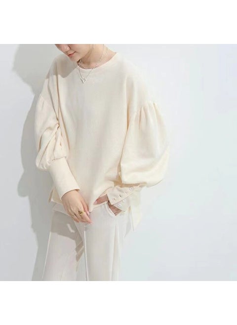Loose Womens Sweatshirt round Neck Lantern Sleeve Design Simple Pure Color New Arrival Korean Style Comfortable Pullover Top Apricot