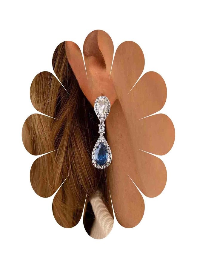 Yheakne Vintage Sapphire Drop Earrings Oval Sapphire Crystal Earrings Silver Teardrop Rhinestone Stud Earrings Blue Crystal Wedding Earrings Jewelry for Women - Image 1