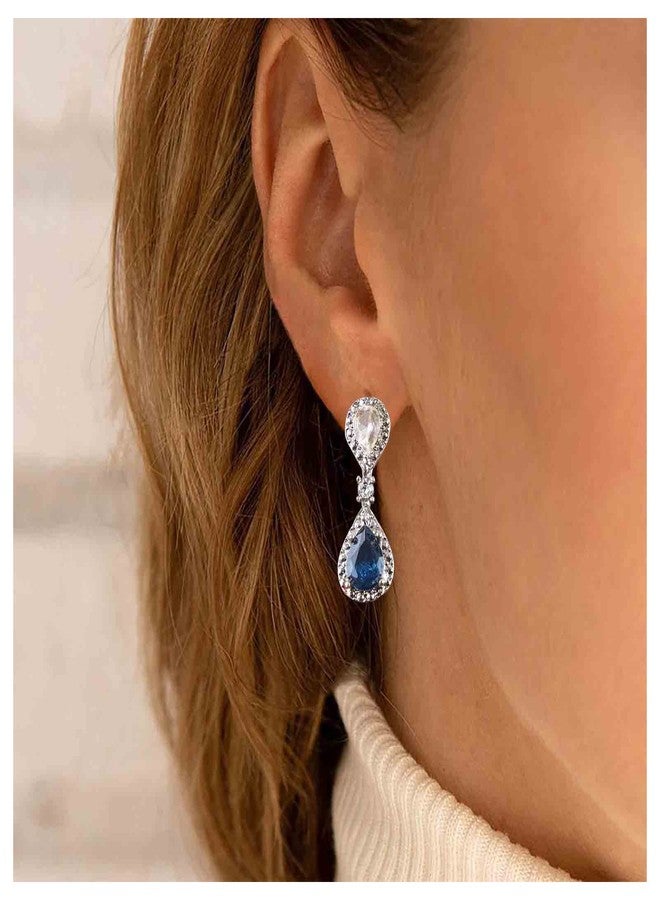 Yheakne Vintage Sapphire Drop Earrings Oval Sapphire Crystal Earrings Silver Teardrop Rhinestone Stud Earrings Blue Crystal Wedding Earrings Jewelry for Women - Image 2