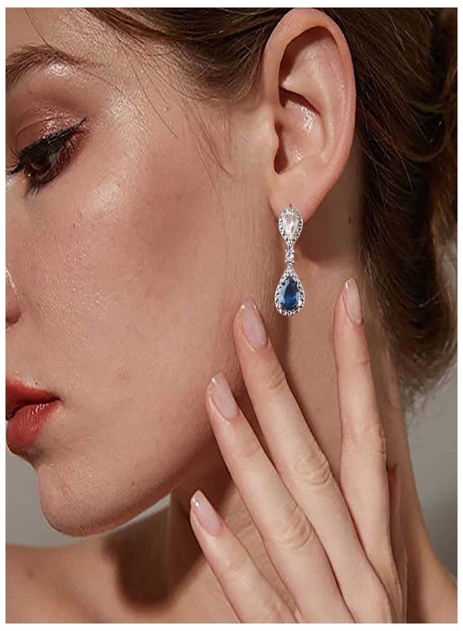 Yheakne Vintage Sapphire Drop Earrings Oval Sapphire Crystal Earrings Silver Teardrop Rhinestone Stud Earrings Blue Crystal Wedding Earrings Jewelry for Women - Image 3