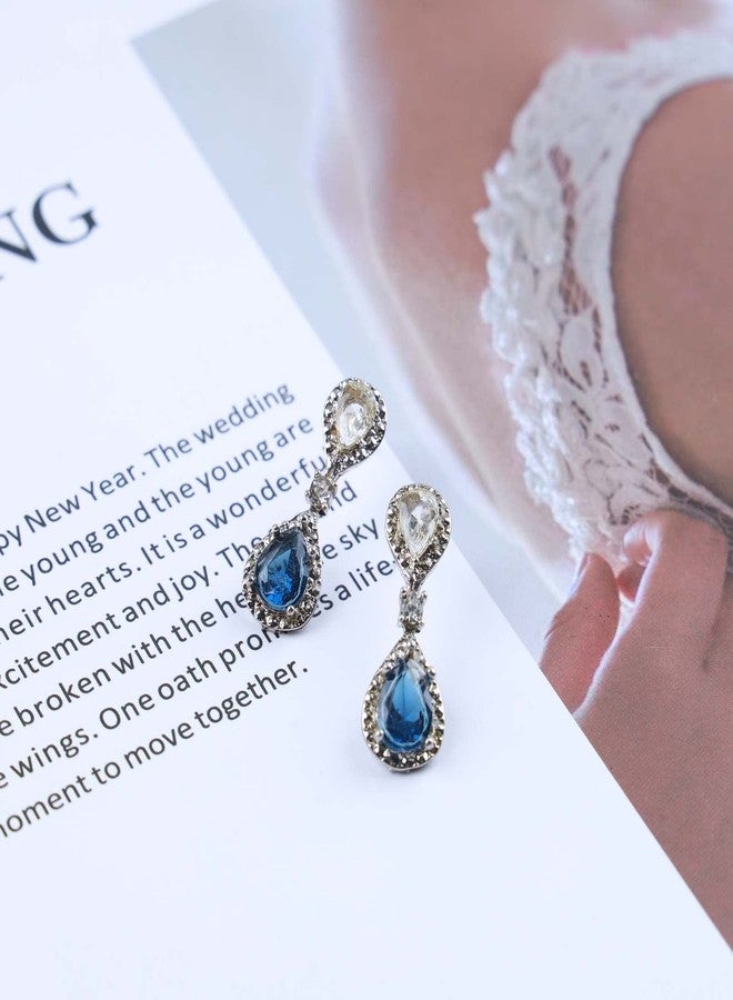 Yheakne Vintage Sapphire Drop Earrings Oval Sapphire Crystal Earrings Silver Teardrop Rhinestone Stud Earrings Blue Crystal Wedding Earrings Jewelry for Women - Image 4