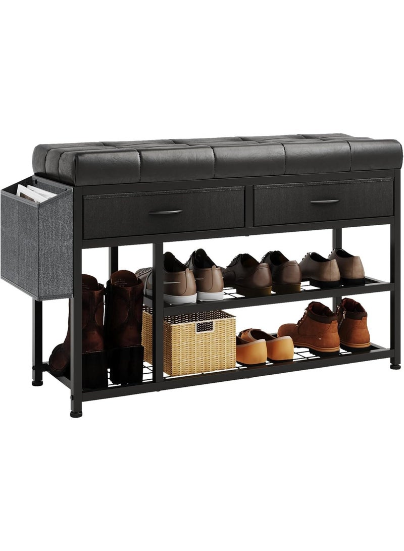 ACPLAY Storage Shoe Bench, 3-Tier Entryway Bench with Padded Cushion Fabric Drawers and Storage Bag, Metal Shoe Racks and Storage Ottoman for Entryway Bedroom Living Room, Black - Image 1