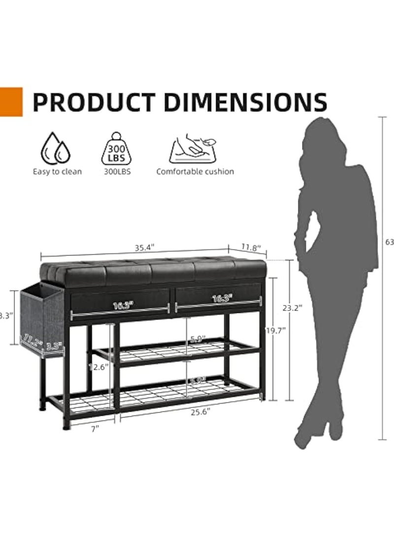 ACPLAY Storage Shoe Bench, 3-Tier Entryway Bench with Padded Cushion Fabric Drawers and Storage Bag, Metal Shoe Racks and Storage Ottoman for Entryway Bedroom Living Room, Black  - Image 2