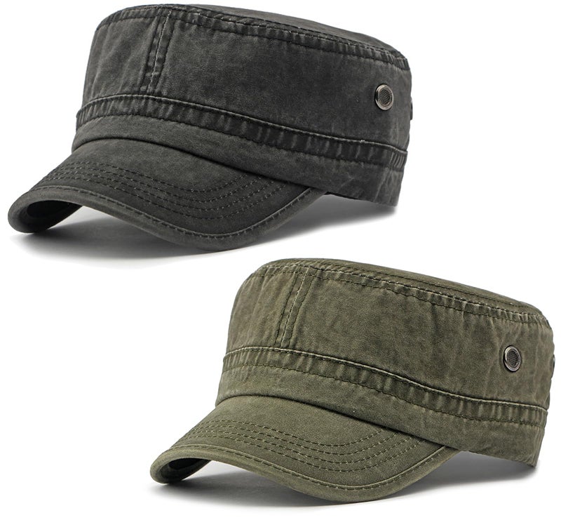 PTDTSHOU 2 Pack Cadet Army Caps Cotton Military Style Patrol Hats Adjustable Veteran Flat Top Hat (Black Green) - Image 1