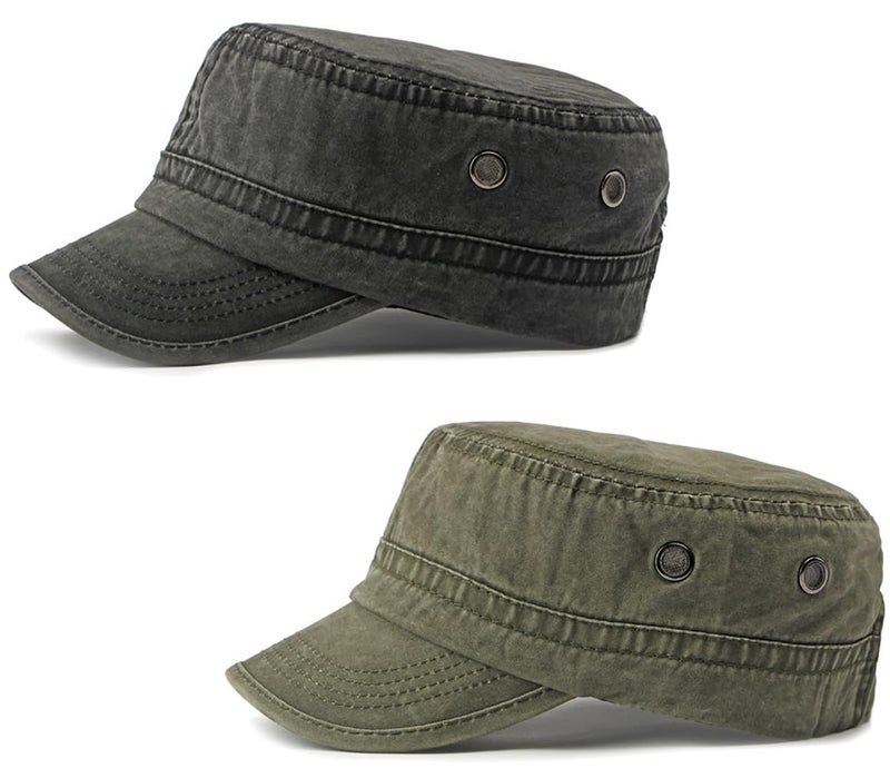 PTDTSHOU 2 Pack Cadet Army Caps Cotton Military Style Patrol Hats Adjustable Veteran Flat Top Hat (Black Green) - Image 5